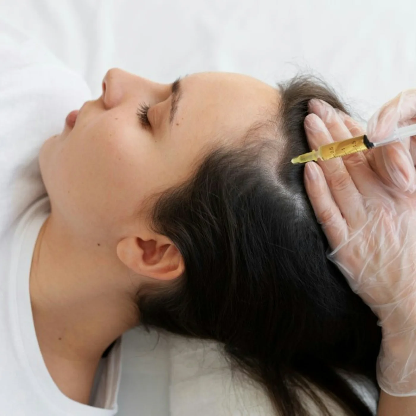 Egzosomy na skórę głowy – kosmetolog aplikuje preparat z czynnikami wzrostu cienką igłą jako terapia na wypadanie włosów w salonie Beauty Skin Bielsko-Biała